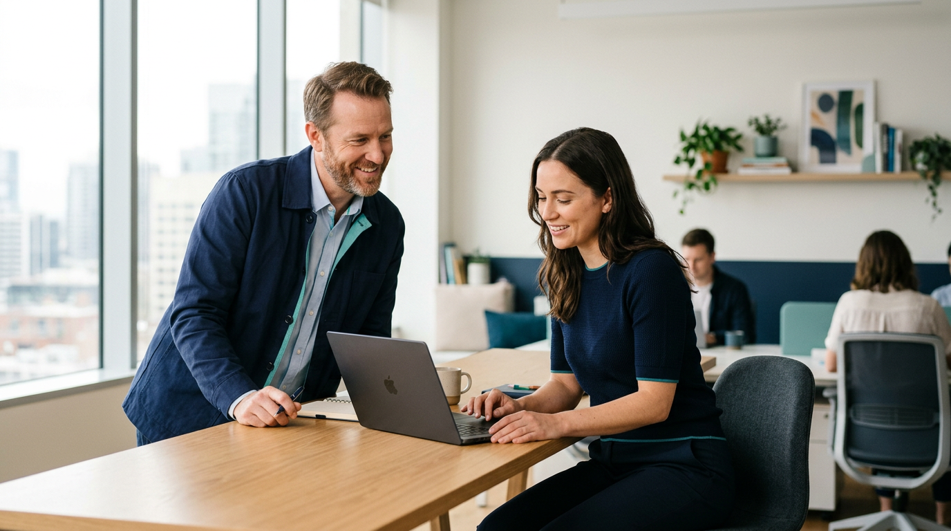 Business professionals reviewing their customer workflow together